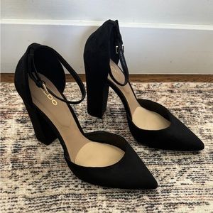 ALDO Black Heels with ankle strap. Worn once for an hour.